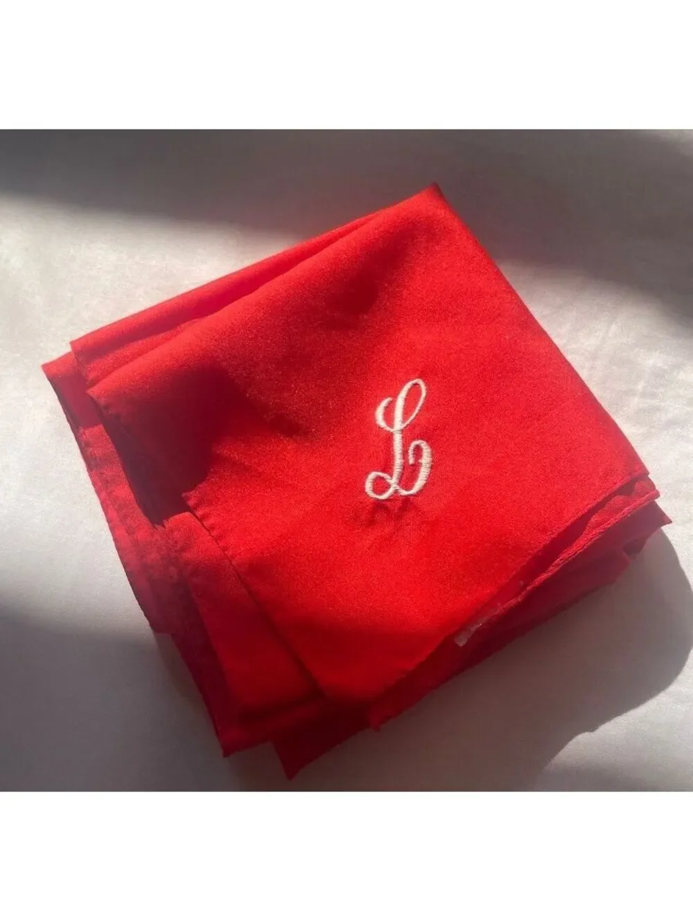 1970s Boselli Red Polyester Square Scarf with White Monogram L- Made in Italy